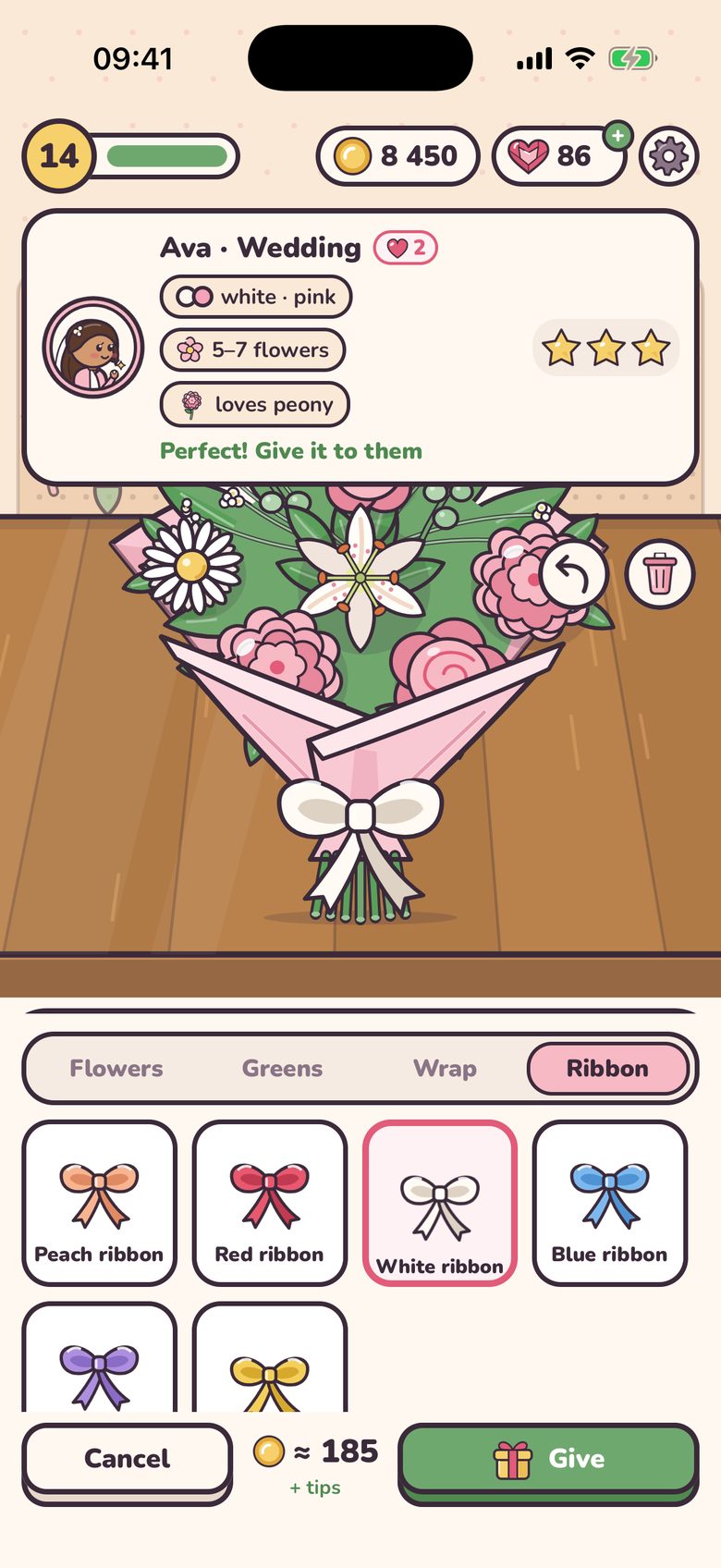 The workbench: a wedding bouquet of pink roses and peonies, a white lily and a daisy, wrapped in blush paper with a white ribbon. Ava’s wish card on top asks for white and pink, five to seven flowers, says she loves peonies and shows three stars. Below are tabs for flowers, greens, wrap and ribbon.