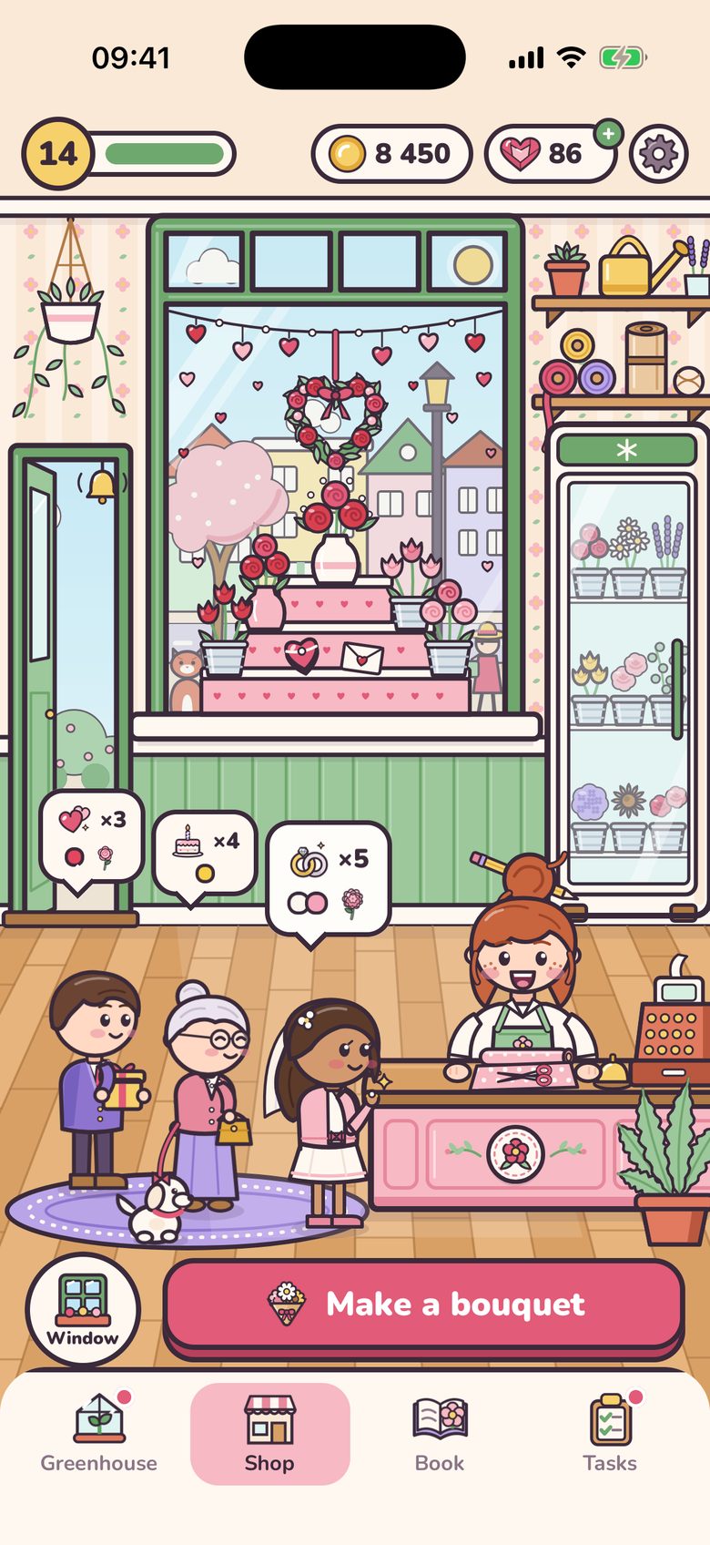Bloom Window on an iPhone: the flower shop with a window full of hearts and red roses, a flower fridge, and the florist at her counter. Three customers wait in line, a young man with a gift, an older lady with her little dog and a bride-to-be, each with a speech bubble showing their wish. Below them is a big Make a bouquet button.