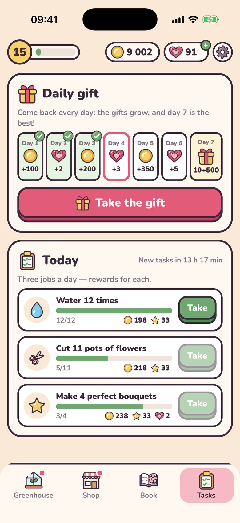 The Tasks page: a daily gift calendar with seven days of coins and gems, days one to three already taken and a big Take the gift button, and below it today’s three tasks, water 12 times, cut 11 pots of flowers and make 4 perfect bouquets, each with a progress bar and a reward.