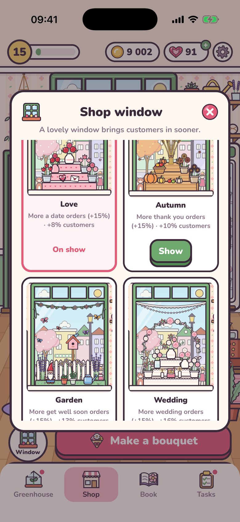 The Shop window menu: the Love window with hearts and red roses is on show, next to Autumn with pumpkins and sunflowers, Garden with a birdhouse, a gnome and butterflies, and Wedding with white flowers and an arch. Each card says which orders and how many more customers it brings.
